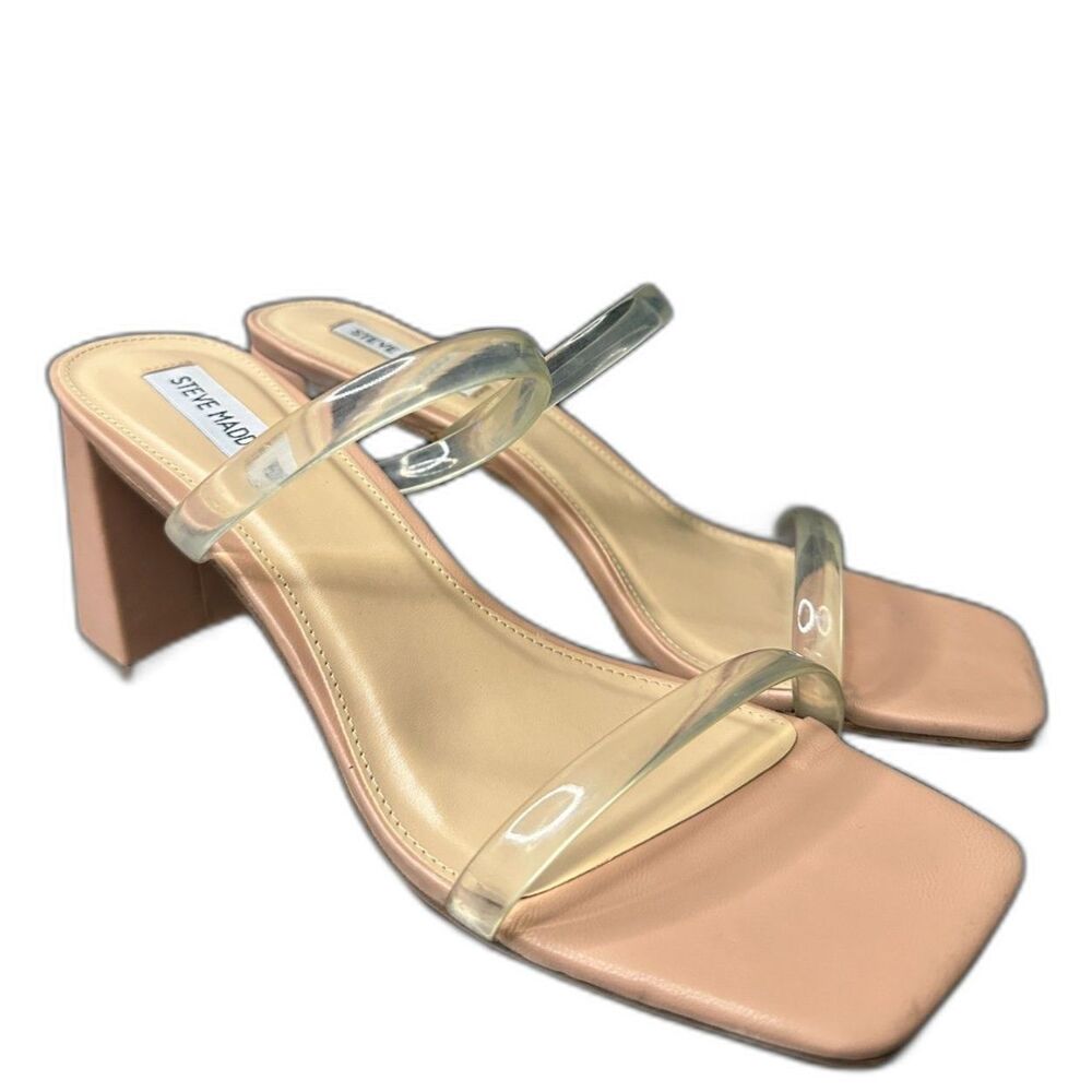 Steve Madden Slide Sandal 10 Block Heel Clear Strap Minimalist Nude Tan Lilah